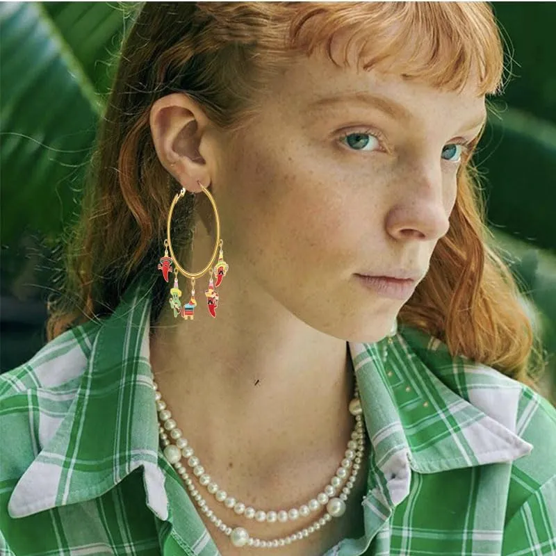 ONLYJUMP Cinco De Mayo Hoop Earrings for Women Mexican Enamel Sombrero Pinata Cactus Chili Pepper Earrings Fiesta Holiday Jewelry Gifts