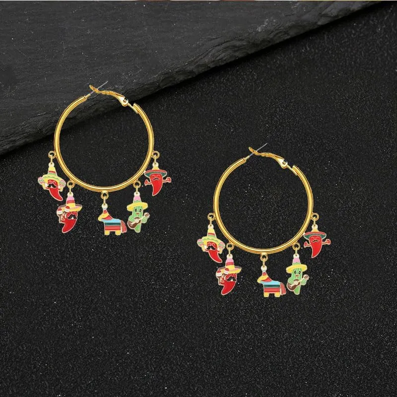 ONLYJUMP Cinco De Mayo Hoop Earrings for Women Mexican Enamel Sombrero Pinata Cactus Chili Pepper Earrings Fiesta Holiday Jewelry Gifts
