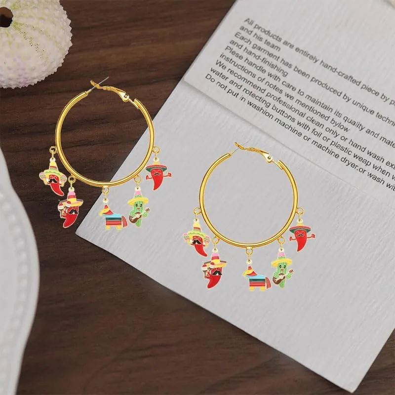 ONLYJUMP Cinco De Mayo Hoop Earrings for Women Mexican Enamel Sombrero Pinata Cactus Chili Pepper Earrings Fiesta Holiday Jewelry Gifts
