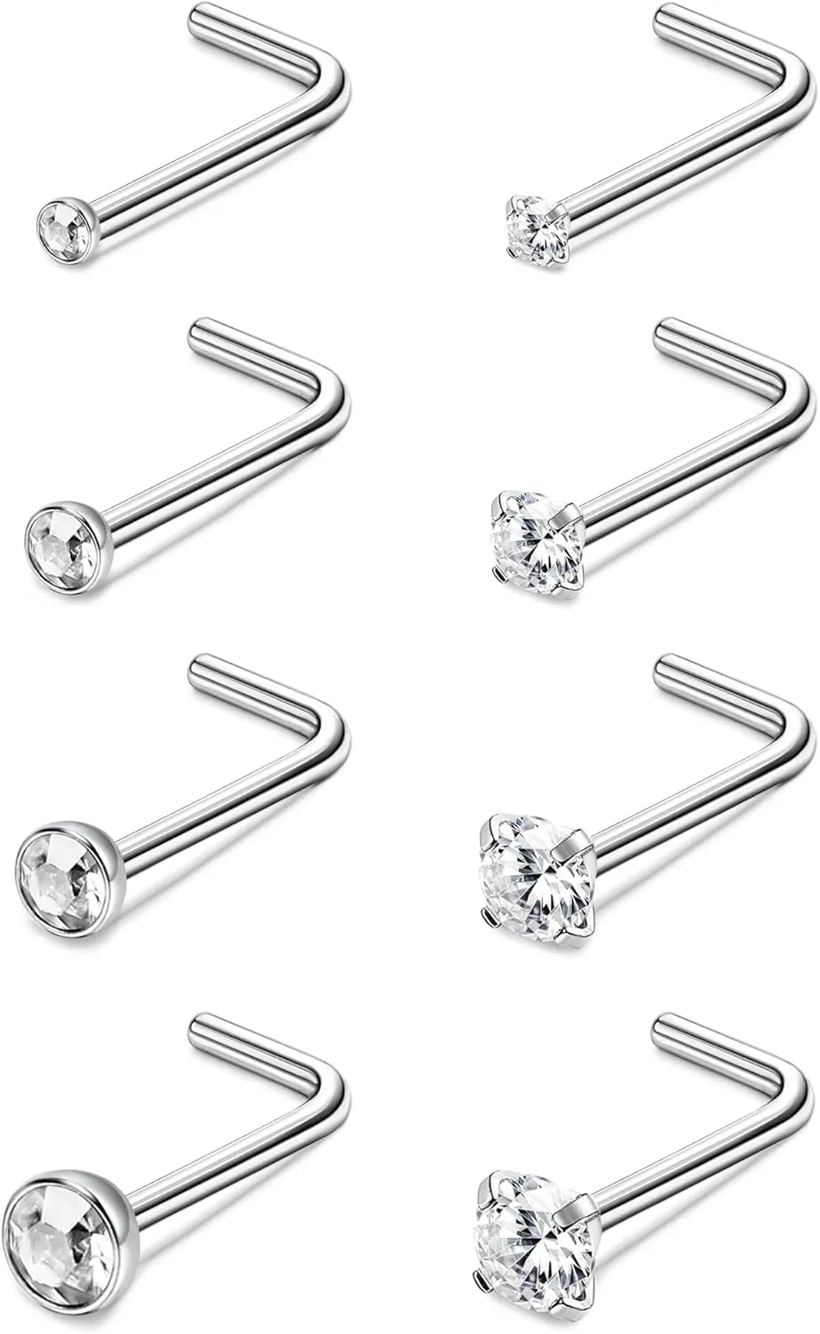 ORAZIO 8Pcs G23 Titanium Nose Ring Studs 20G L Shaped Nose Studs for Women Tiny Nose Rings Multicolored CZ Titanium Nose Stud L Shaped Simple Silver Nostril Piercing Cute Nose Piercing Jewerly for Women Men