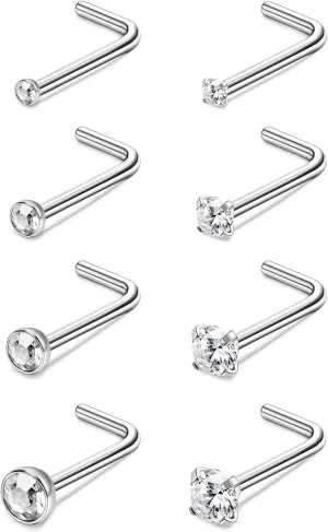 ORAZIO 8Pcs G23 Titanium Nose Ring Studs 20G L Shaped Nose Studs for Women Tiny Nose Rings Multicolored CZ Titanium Nose Stud L Shaped Simple Silver Nostril Piercing Cute Nose Piercing Jewerly for Women Men