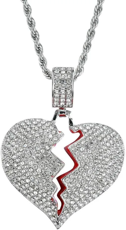 PAMTIER Men's Iced Out Full Diamond Broken Heart Pendant Necklace Chain Charming Hip Hop Jewelry