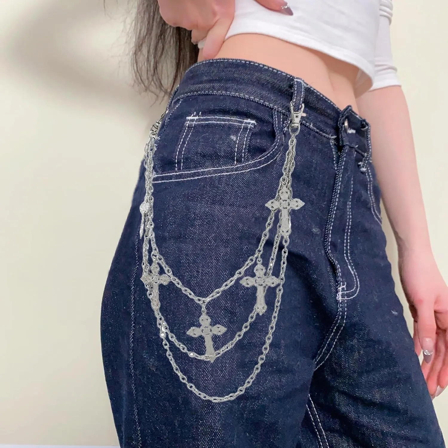Pants Chain for Men Women Multi-Layer Hip Hop Metal Wallet Chain Punk Chain Belt Jeans Star Pocket Chain Cross Chain for Pants Crescent Emo Accessories Butterfly Pants Chain