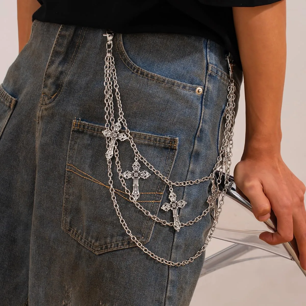 Pants Chain for Men Women Multi-Layer Hip Hop Metal Wallet Chain Punk Chain Belt Jeans Star Pocket Chain Cross Chain for Pants Crescent Emo Accessories Butterfly Pants Chain