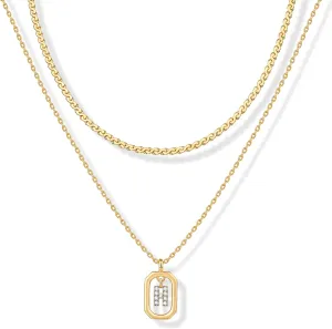 PAVOI 14K Gold Plated Cubic Zirconia Letter Pendant Layered Necklace | Framed Initial Letter Cable Singapore Chains Layering Necklaces for Women