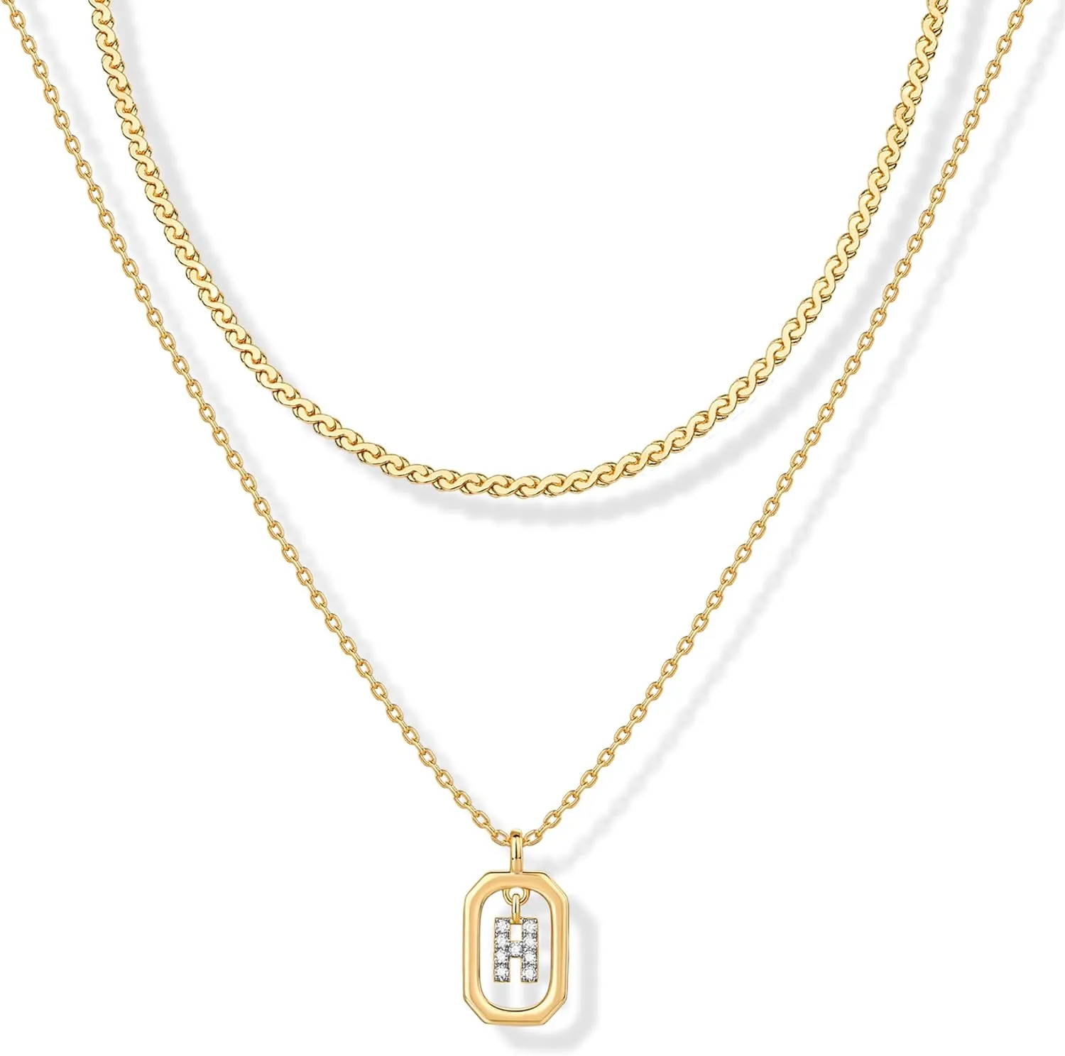 PAVOI 14K Gold Plated Cubic Zirconia Letter Pendant Layered Necklace | Framed Initial Letter Cable Singapore Chains Layering Necklaces for Women