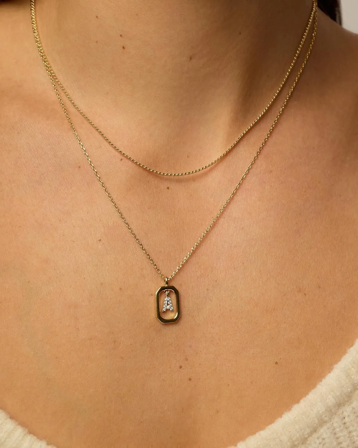 PAVOI 14K Gold Plated Cubic Zirconia Letter Pendant Layered Necklace | Framed Initial Letter Cable Singapore Chains Layering Necklaces for Women