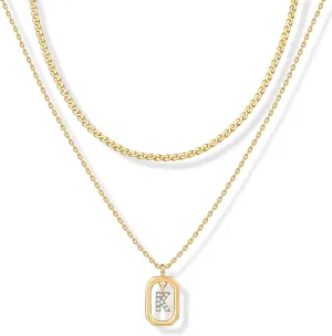 PAVOI 14K Gold Plated Cubic Zirconia Letter Pendant Layered Necklace | Framed Initial Letter Cable Singapore Chains Layering Necklaces for Women