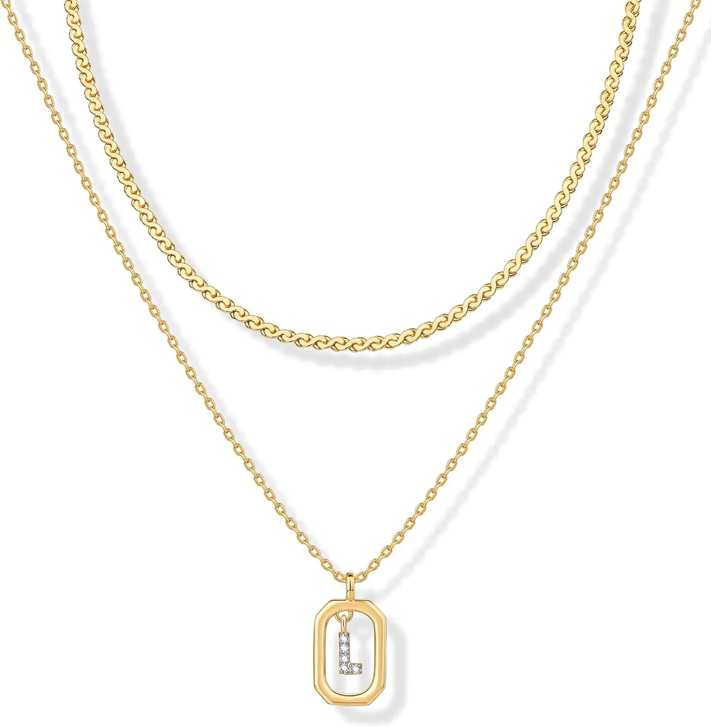 PAVOI 14K Gold Plated Cubic Zirconia Letter Pendant Layered Necklace | Framed Initial Letter Cable Singapore Chains Layering Necklaces for Women