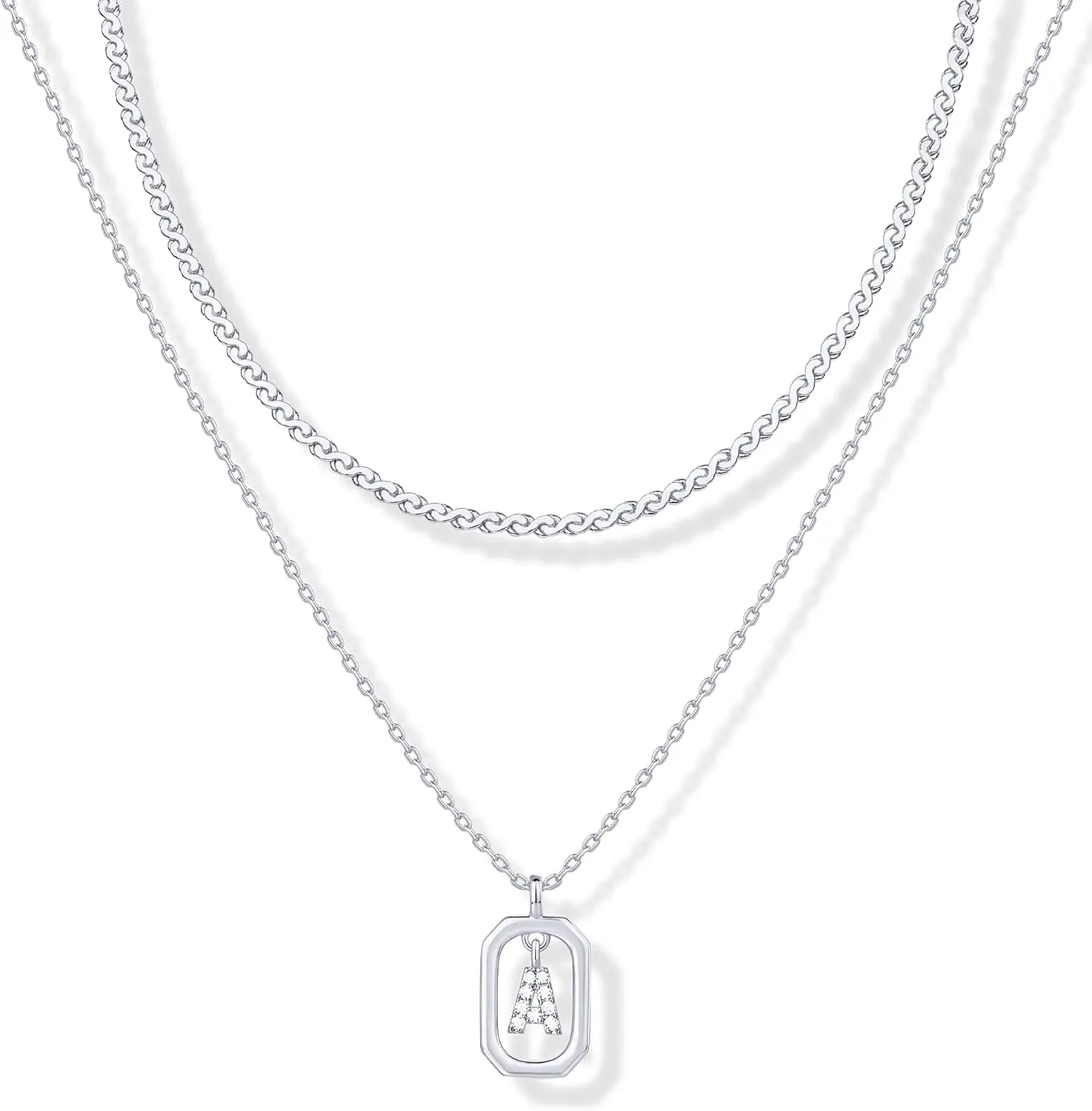PAVOI 14K Gold Plated Cubic Zirconia Letter Pendant Layered Necklace | Framed Initial Letter Cable Singapore Chains Layering Necklaces for Women