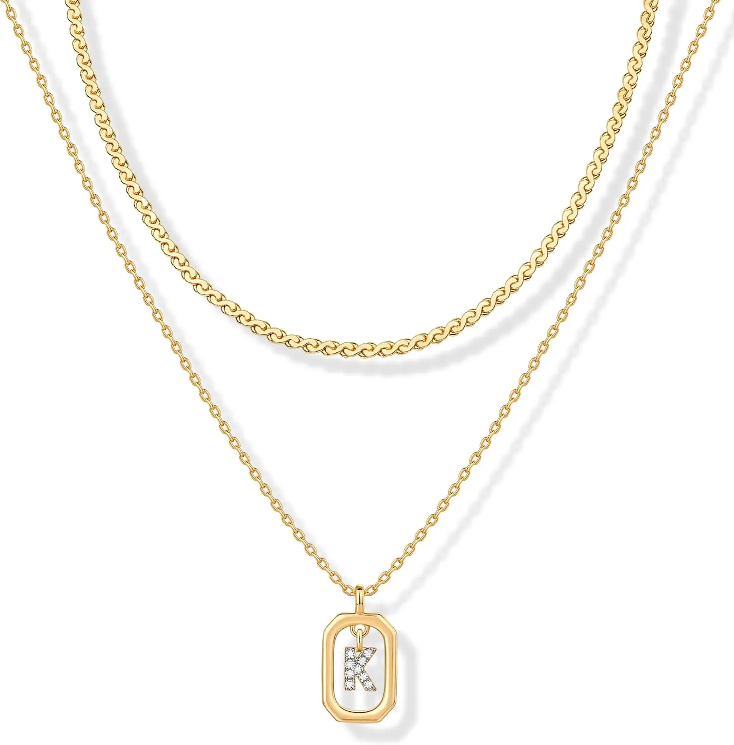 PAVOI 14K Gold Plated Cubic Zirconia Letter Pendant Layered Necklace | Framed Initial Letter Cable Singapore Chains Layering Necklaces for Women