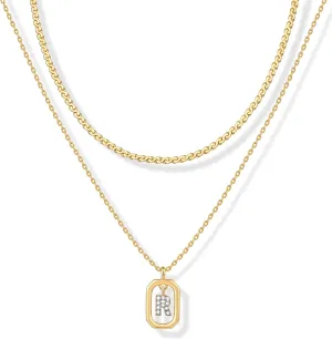 PAVOI 14K Gold Plated Cubic Zirconia Letter Pendant Layered Necklace | Framed Initial Letter Cable Singapore Chains Layering Necklaces for Women