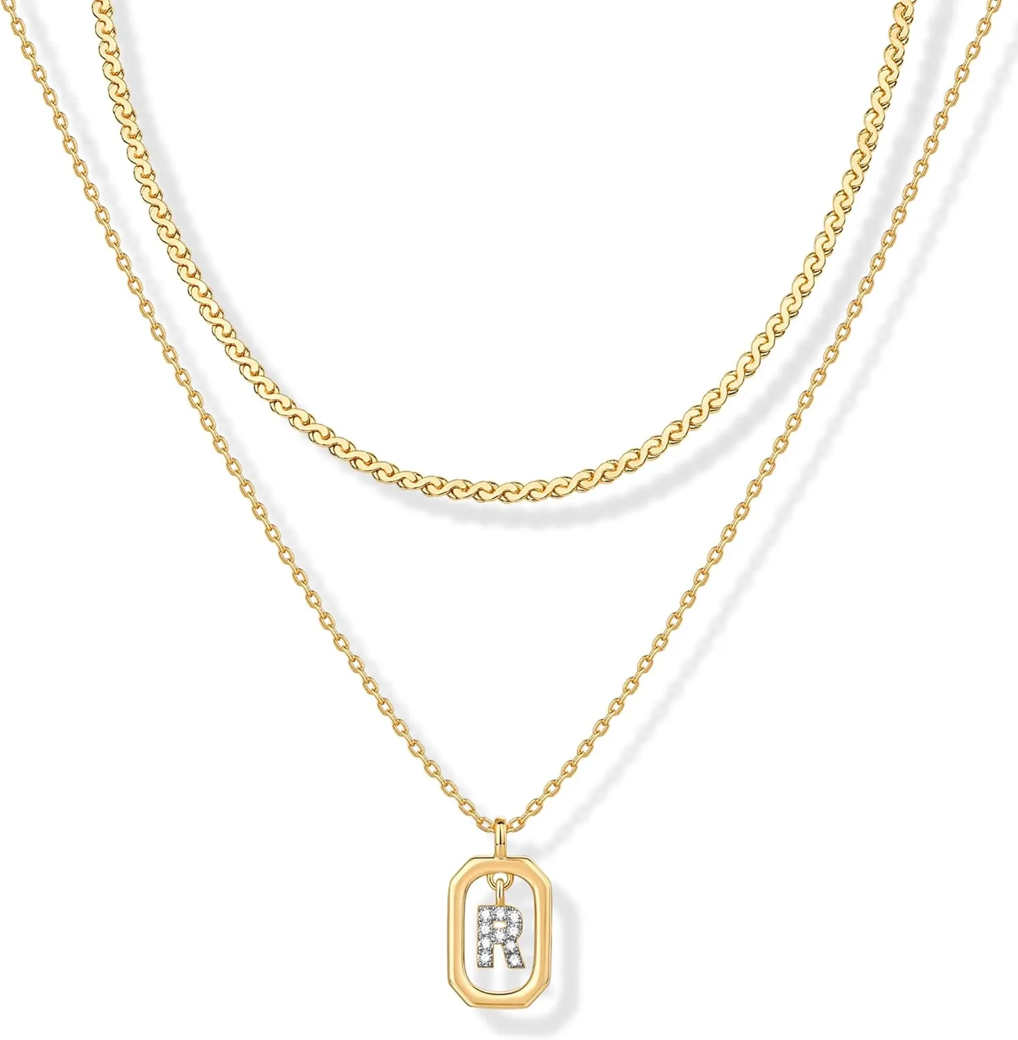 PAVOI 14K Gold Plated Cubic Zirconia Letter Pendant Layered Necklace | Framed Initial Letter Cable Singapore Chains Layering Necklaces for Women
