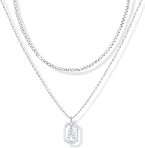 PAVOI 14K Gold Plated Cubic Zirconia Letter Pendant Layered Necklace | Framed Initial Letter Cable Singapore Chains Layering Necklaces for Women