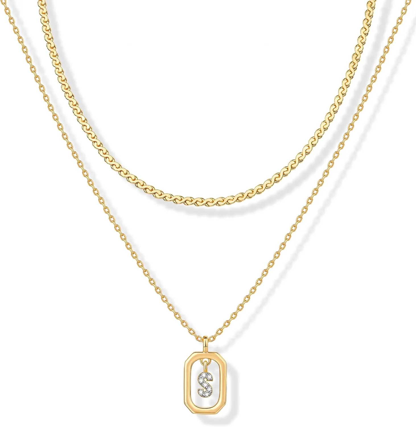 PAVOI 14K Gold Plated Cubic Zirconia Letter Pendant Layered Necklace | Framed Initial Letter Cable Singapore Chains Layering Necklaces for Women