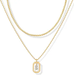 PAVOI 14K Gold Plated Cubic Zirconia Letter Pendant Layered Necklace | Framed Initial Letter Cable Singapore Chains Layering Necklaces for Women