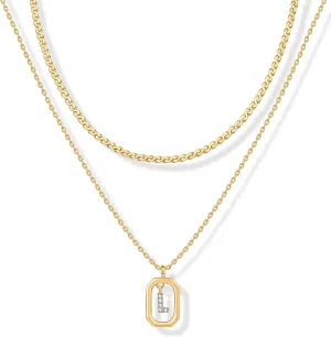 PAVOI 14K Gold Plated Cubic Zirconia Letter Pendant Layered Necklace | Framed Initial Letter Cable Singapore Chains Layering Necklaces for Women