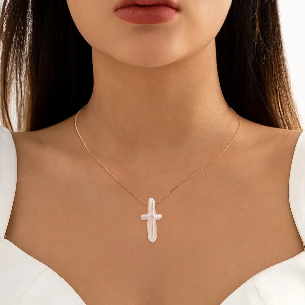 Pearl Cross Necklace for Women, 925 Sterling Silver/Gold Chunky Baroque Natural Freshwater Pearl Cross Pendant Chain Simple Trendy Handmade Jewelry Gift for Women