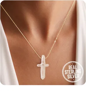 Pearl Cross Necklace for Women, 925 Sterling Silver/Gold Chunky Baroque Natural Freshwater Pearl Cross Pendant Chain Simple Trendy Handmade Jewelry Gift for Women