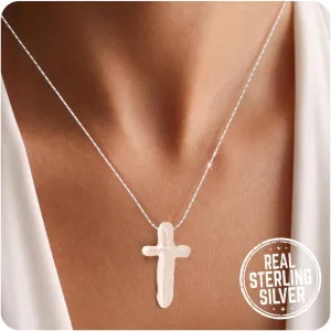 Pearl Cross Necklace for Women, 925 Sterling Silver/Gold Chunky Baroque Natural Freshwater Pearl Cross Pendant Chain Simple Trendy Handmade Jewelry Gift for Women