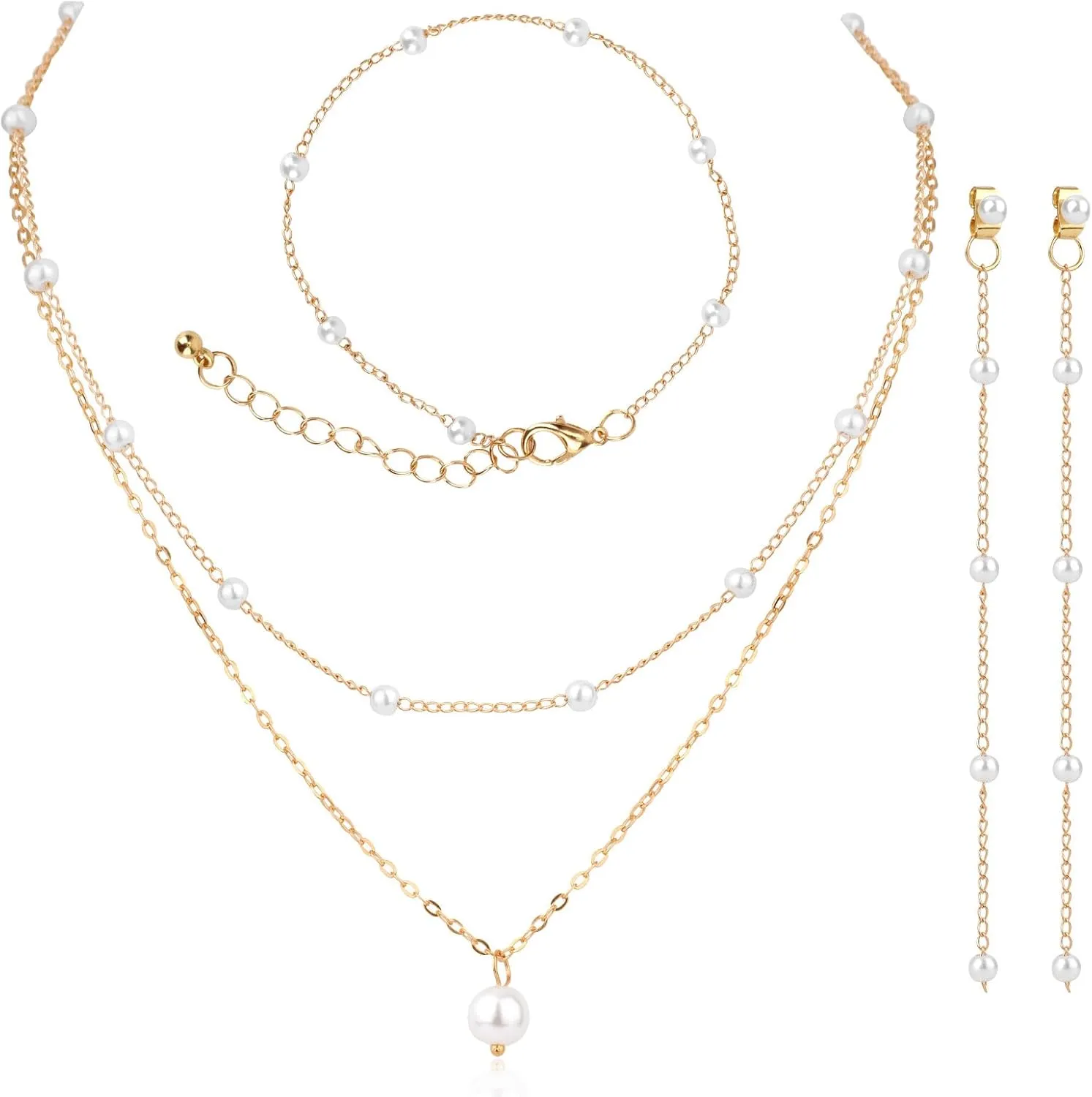 Pearl Jewelry Set, Exquisite Trendy Double Layer Pearl Necklace Pearl Earrings and Pearl Bracelet for Women Jewelry Set Gift for Party Birthday Wedding Festival