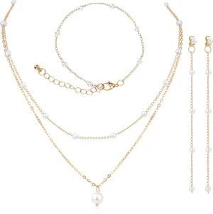 Pearl Jewelry Set, Exquisite Trendy Double Layer Pearl Necklace Pearl Earrings and Pearl Bracelet for Women Jewelry Set Gift for Party Birthday Wedding Festival