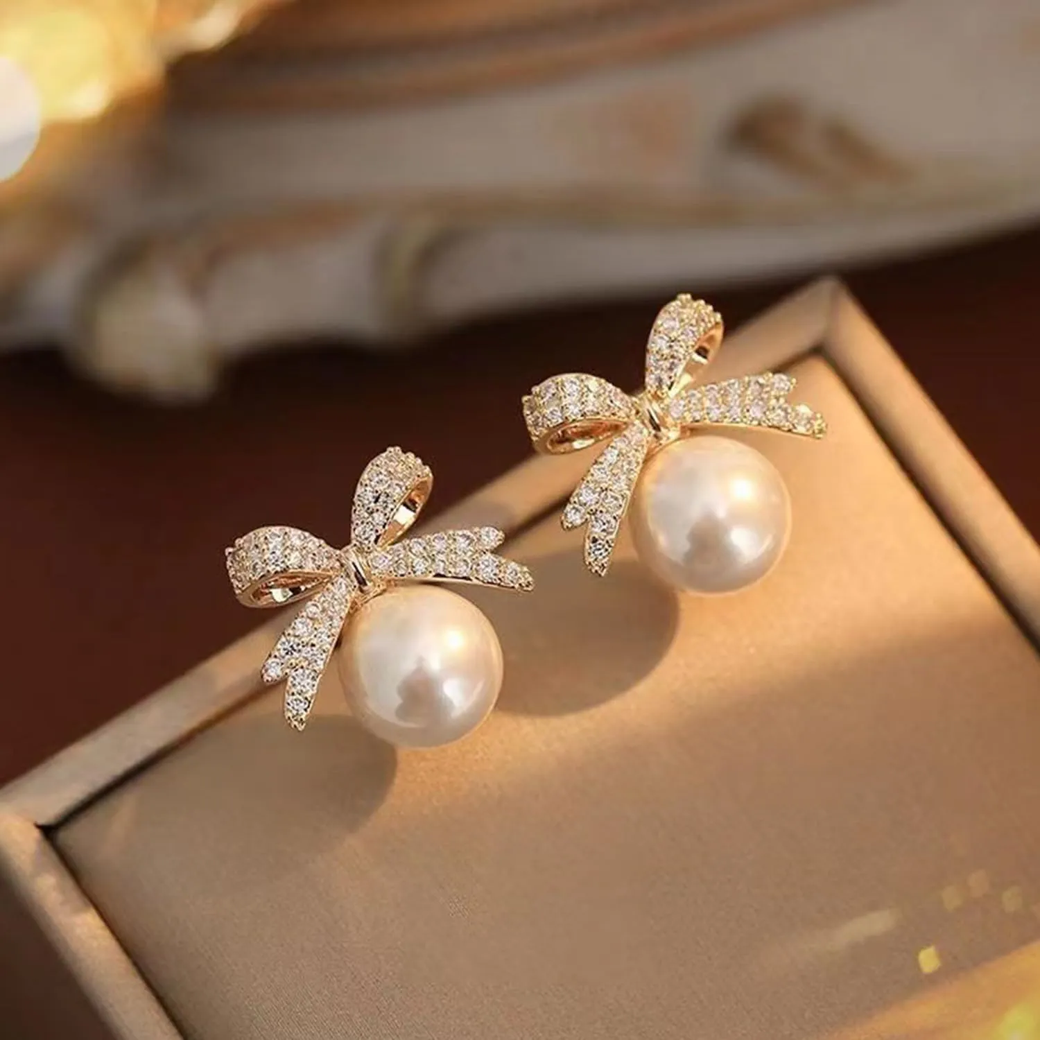 Pearl Rhinestone Bow Earrings - Red Ball Christmas Jewelry for Women