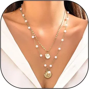 Pearl Shell Pendant Layered Necklace,Charming Dainty White Bead Stacking Choker,Aesthetic Holiday Accessories Jewelry for Women