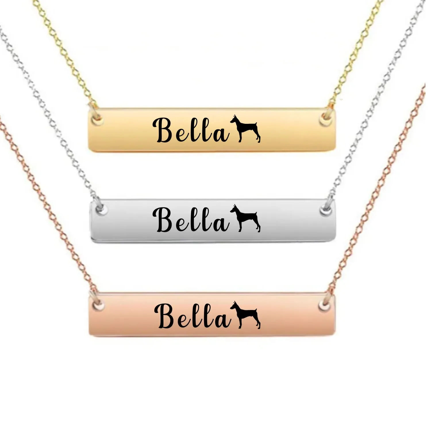 Personalized Necklace, Gift, Custom Engraved Dog Bar Necklace, Memorial Keepsake for Dog Mom, Dog Lover Gift, Pet Name Necklace (Doberman)