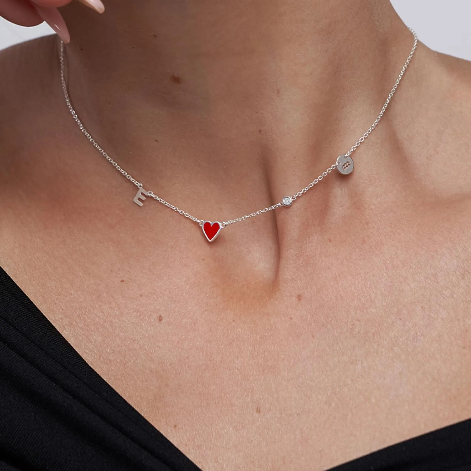 Personalized Red Heart Inez Initial Necklace with Small or Big Diamond - Custom Initial & Zodiac Sign - Jewelry for Her, Women - Dainty Gift for Mother's Day, Birthday, Christmas
