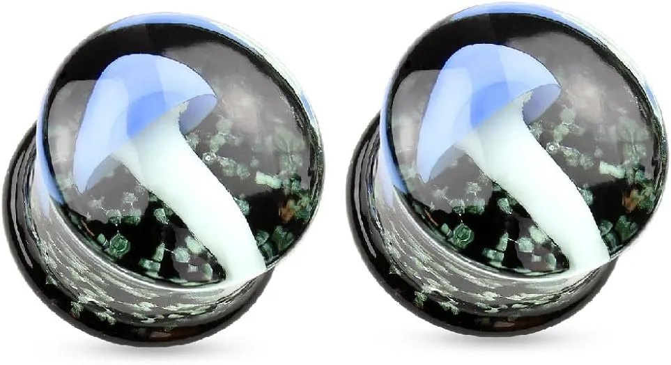 Pierced Owl - Floating Glowing Mushroom Encased Pyrex Glass Saddle Plugs, Sold as a Pair