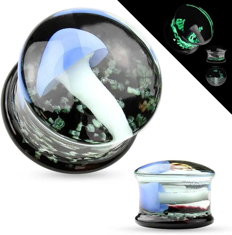 Pierced Owl - Floating Glowing Mushroom Encased Pyrex Glass Saddle Plugs, Sold as a Pair