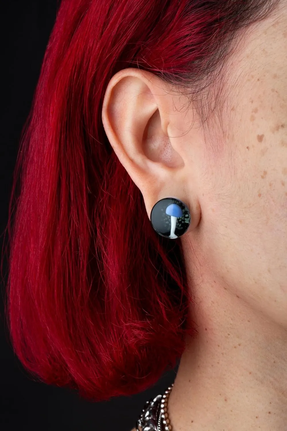 Pierced Owl - Floating Glowing Mushroom Encased Pyrex Glass Saddle Plugs, Sold as a Pair