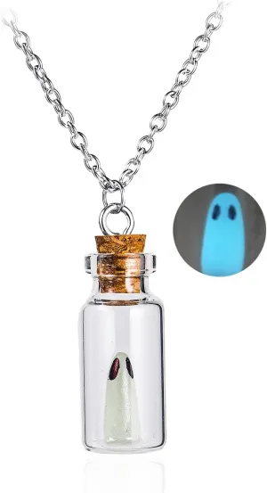 Pingyongchang Ghost in A Bottle Pendant Necklace for Women Men Halloween Ghost Earrings Glow In The Dark Ghost Necklace The Adopt A Ghost Horror Necklace for Women Halloween Jewelry