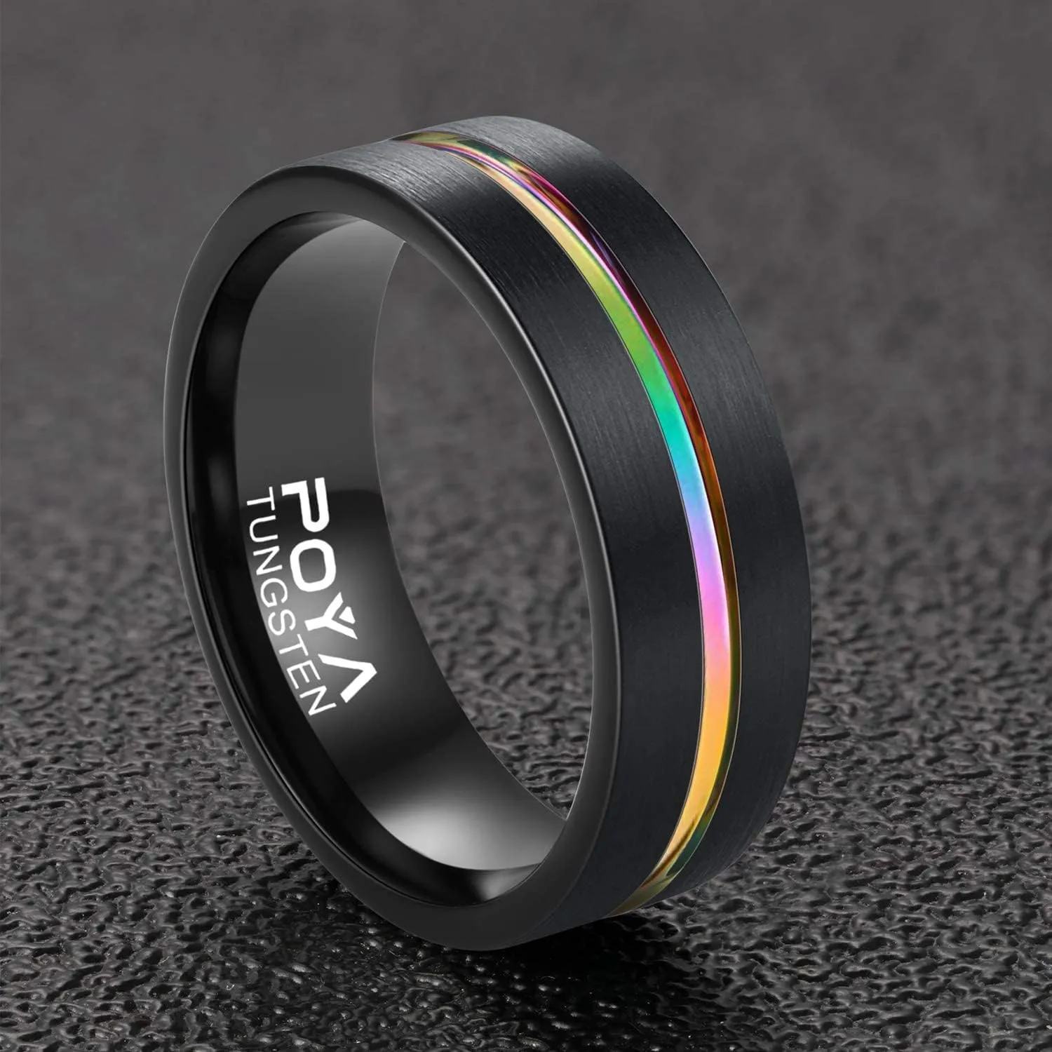 POYA 8mm Rainbow Black Tungsten Wedding Band Gorgeous Center Grooved Couples Rings