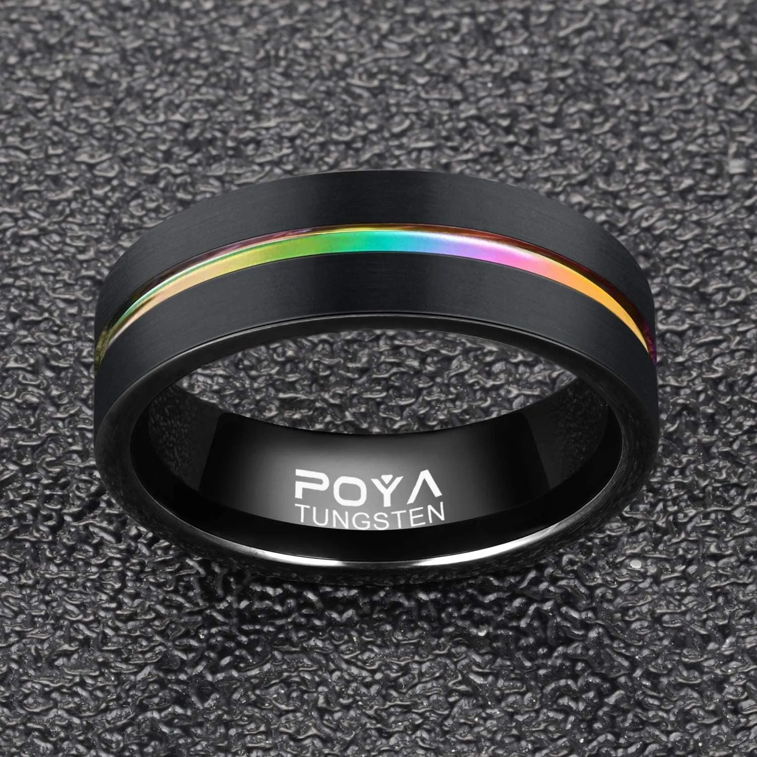 POYA 8mm Rainbow Black Tungsten Wedding Band Gorgeous Center Grooved Couples Rings