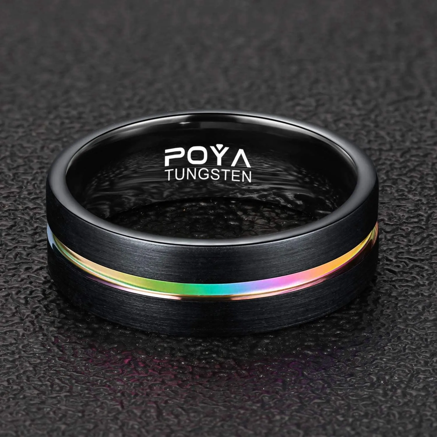 POYA 8mm Rainbow Black Tungsten Wedding Band Gorgeous Center Grooved Couples Rings