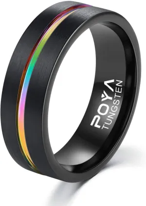 POYA 8mm Rainbow Black Tungsten Wedding Band Gorgeous Center Grooved Couples Rings