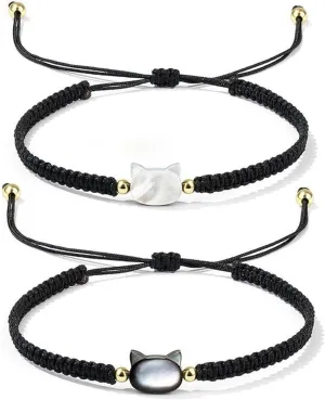 POYAMUSE Cat Bracelets for Women - Lucky Cat Beaded Bracelet Set, Adjustable Kitty Stretch Braided Bracelets for Women