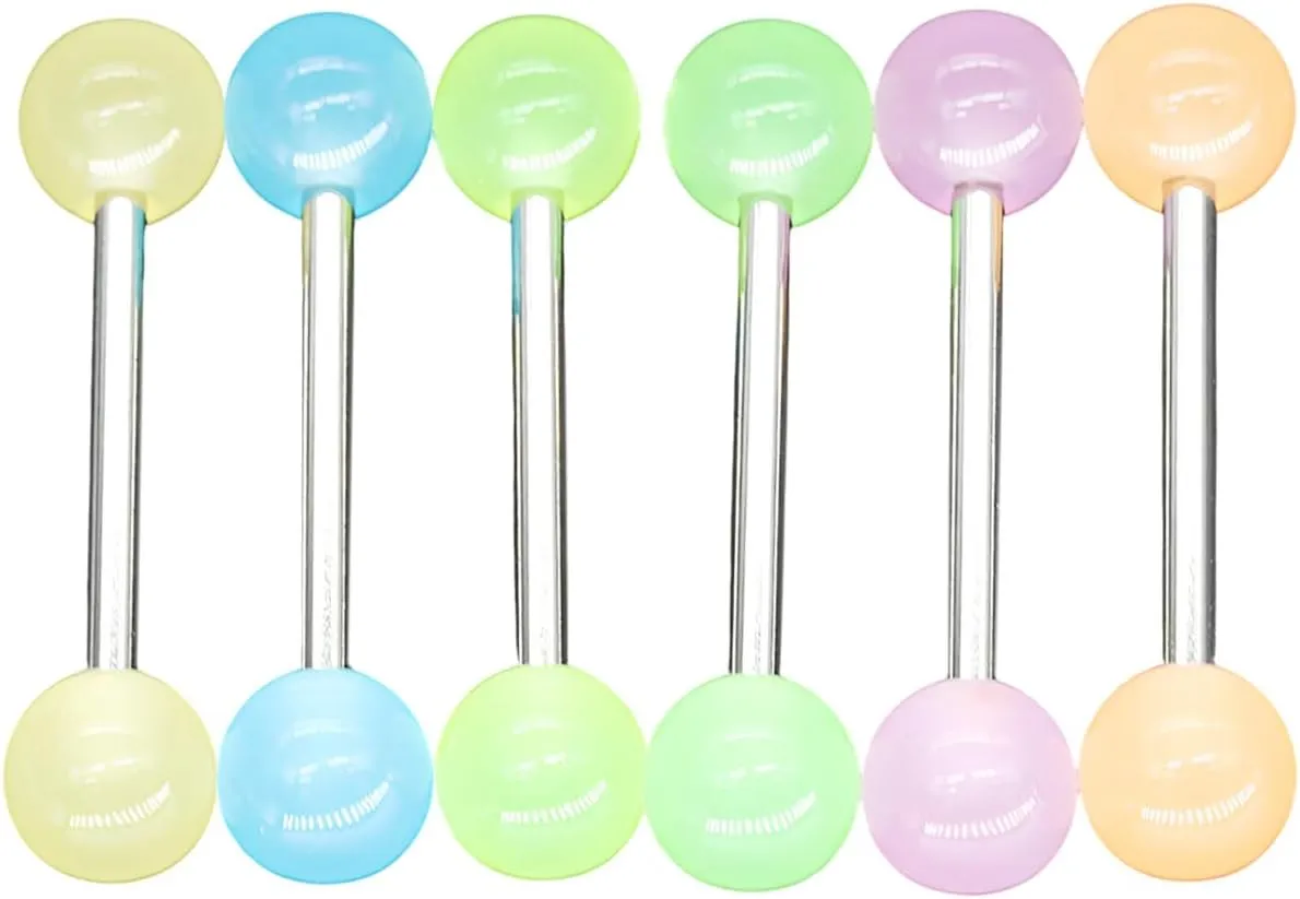 POYAMUSE Colorful Barbell Surgical Steel Tongue Rings for Men and Women - Colorful/Luminous Acrylic Barbell Piercing Jewelry Set of 6