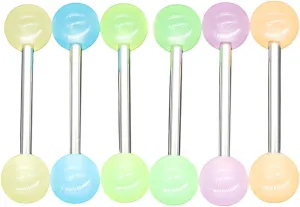 POYAMUSE Colorful Barbell Surgical Steel Tongue Rings for Men and Women - Colorful/Luminous Acrylic Barbell Piercing Jewelry Set of 6