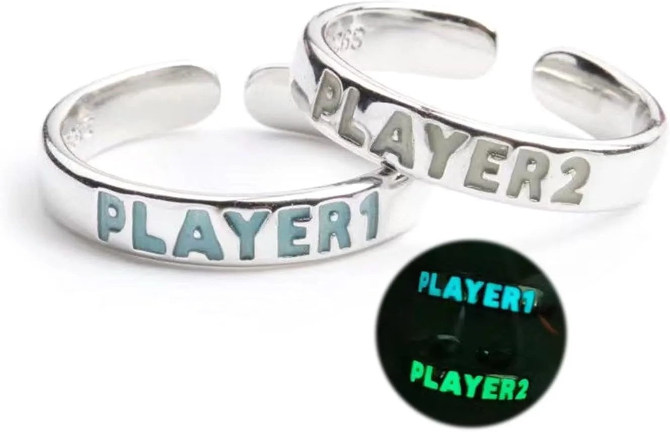 POYAMUSE Glowing at Night Player 1 & Player 2 Rings - Couples/Friends Matching Set Rings for Halloween Valentine's Day Dating Night