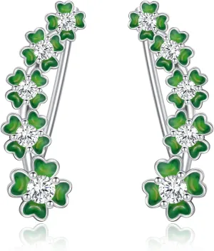 PRAYMOS Lucky Shamrock Earrings for Women Sterling Silver Clover Earring Ear Cuff Four Leaf Clover Earrings St Patricks Day Earrings