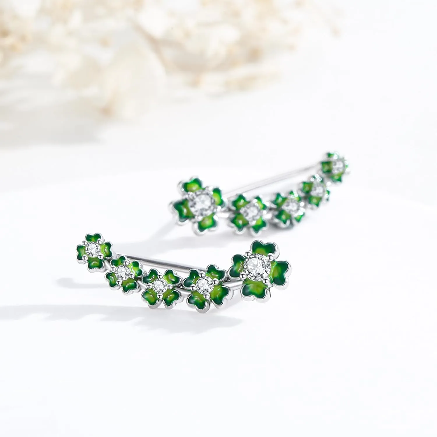 PRAYMOS Lucky Shamrock Earrings for Women Sterling Silver Clover Earring Ear Cuff Four Leaf Clover Earrings St Patricks Day Earrings