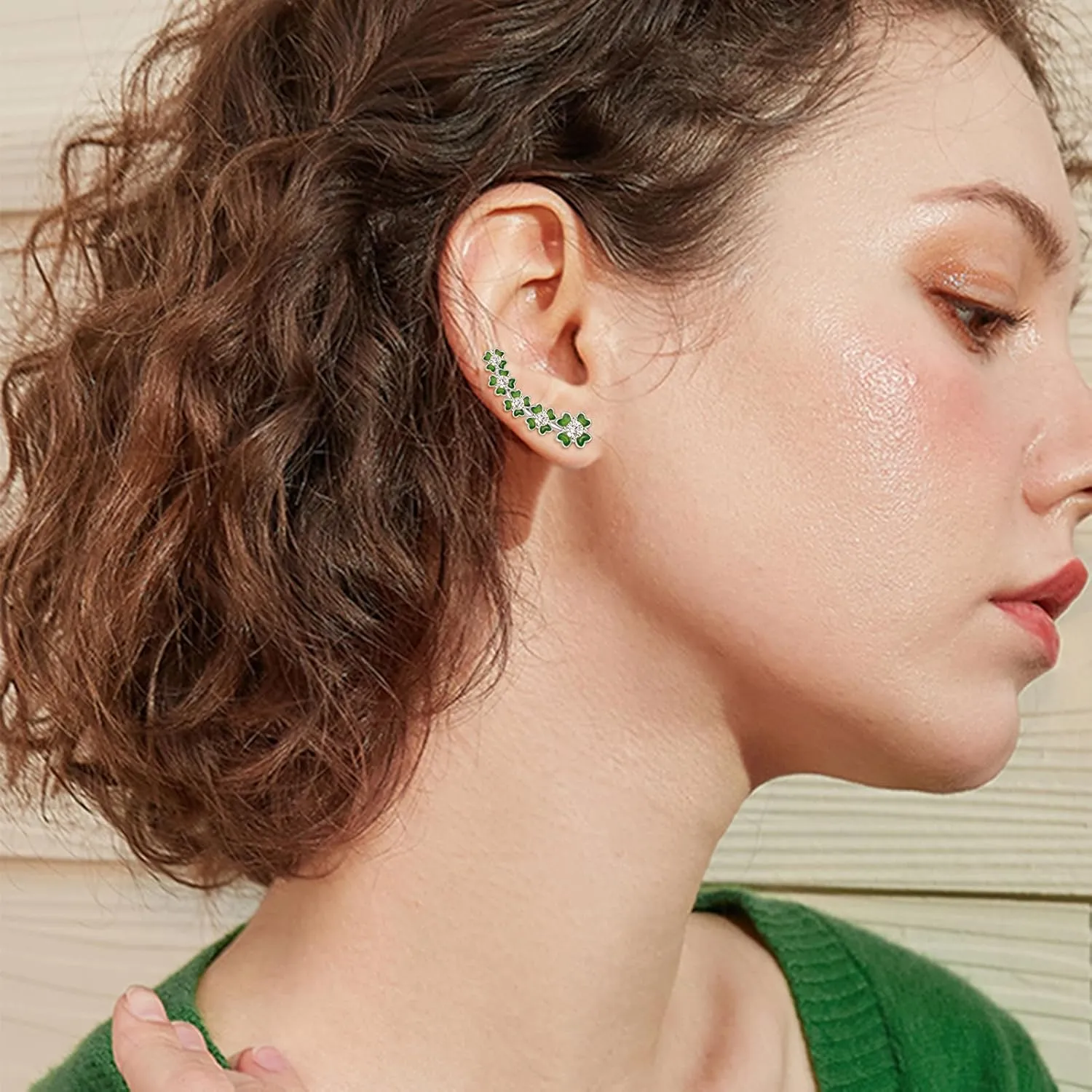 PRAYMOS Lucky Shamrock Earrings for Women Sterling Silver Clover Earring Ear Cuff Four Leaf Clover Earrings St Patricks Day Earrings