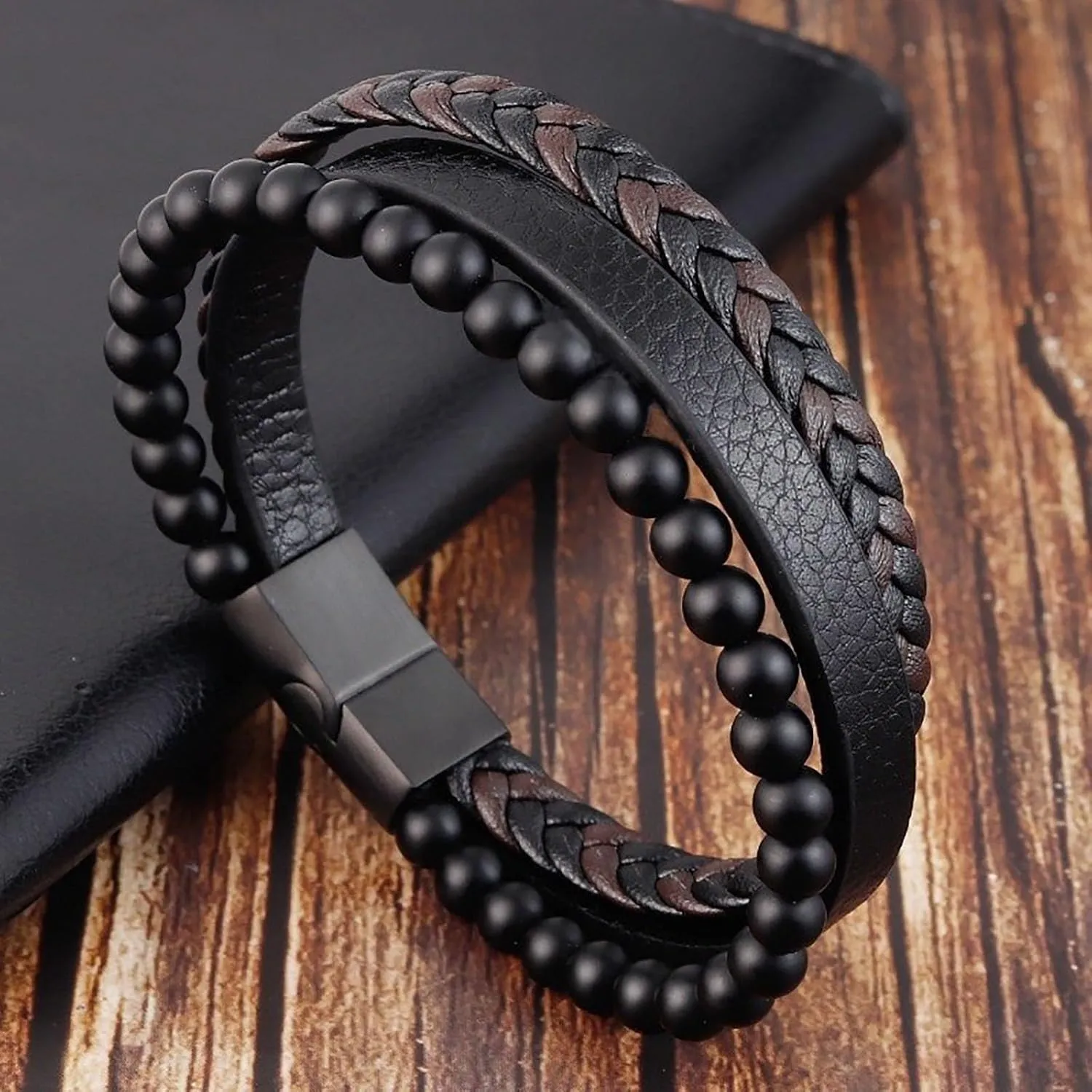 Preliminary Calming Bracelet for Men, Volcanic Stone Natural Agate Stone Braided Leather Beaded Bracelet - Meditation Anti Anxiety Stress Relief Jewelry