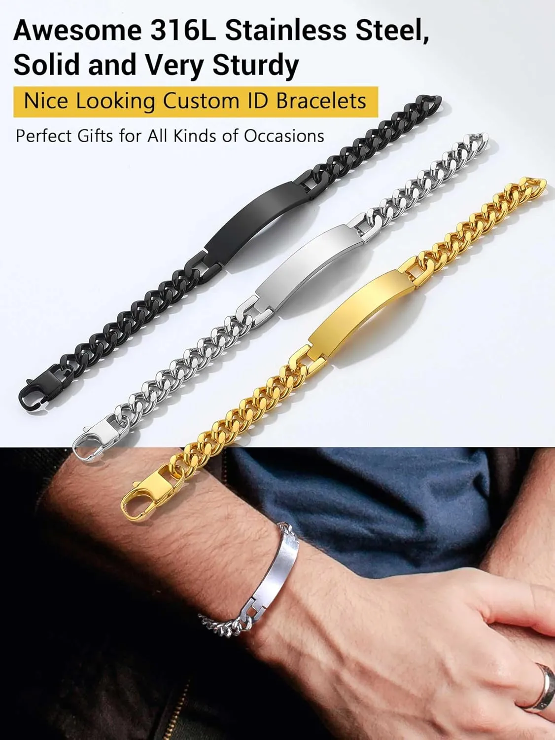 PROSTEEL Custom Bracelets for Men Women, Name Date Initial Quote Engraved Personalized Bracelet, Stainless Steel ID Bracelets, 7.5"/8.3"/9", Come with Box