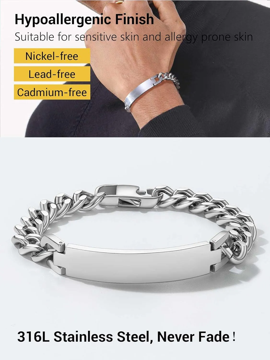 PROSTEEL Custom Bracelets for Men Women, Name Date Initial Quote Engraved Personalized Bracelet, Stainless Steel ID Bracelets, 7.5"/8.3"/9", Come with Box