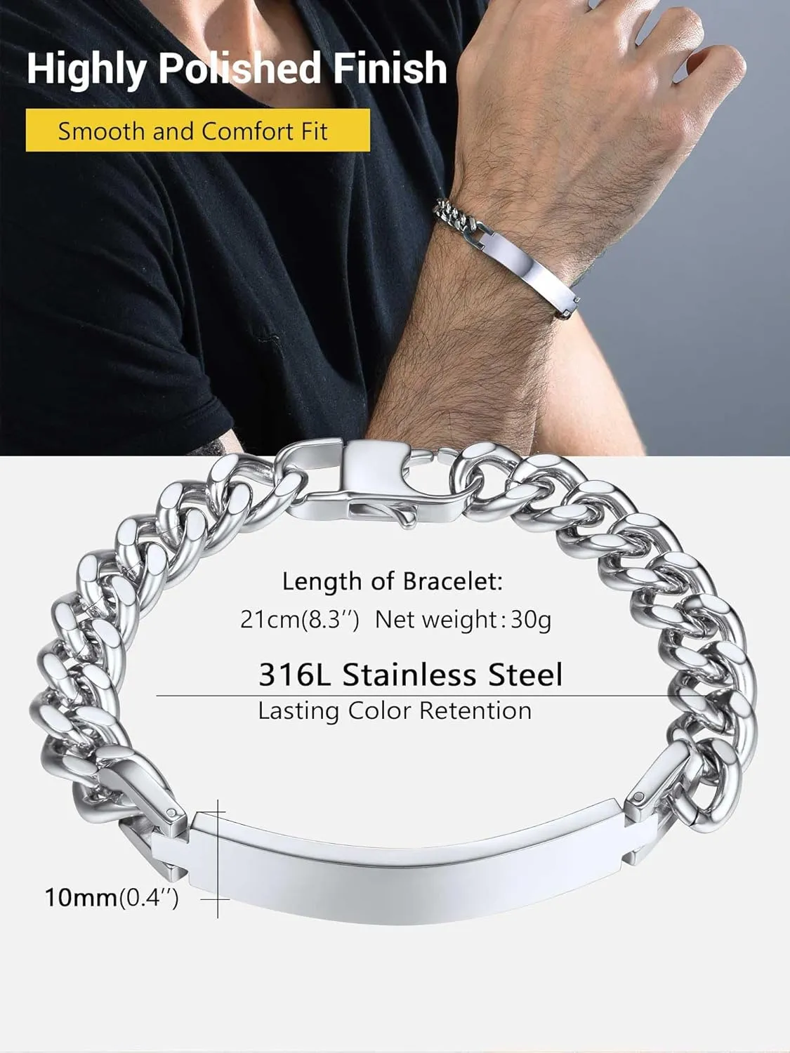 PROSTEEL Custom Bracelets for Men Women, Name Date Initial Quote Engraved Personalized Bracelet, Stainless Steel ID Bracelets, 7.5"/8.3"/9", Come with Box
