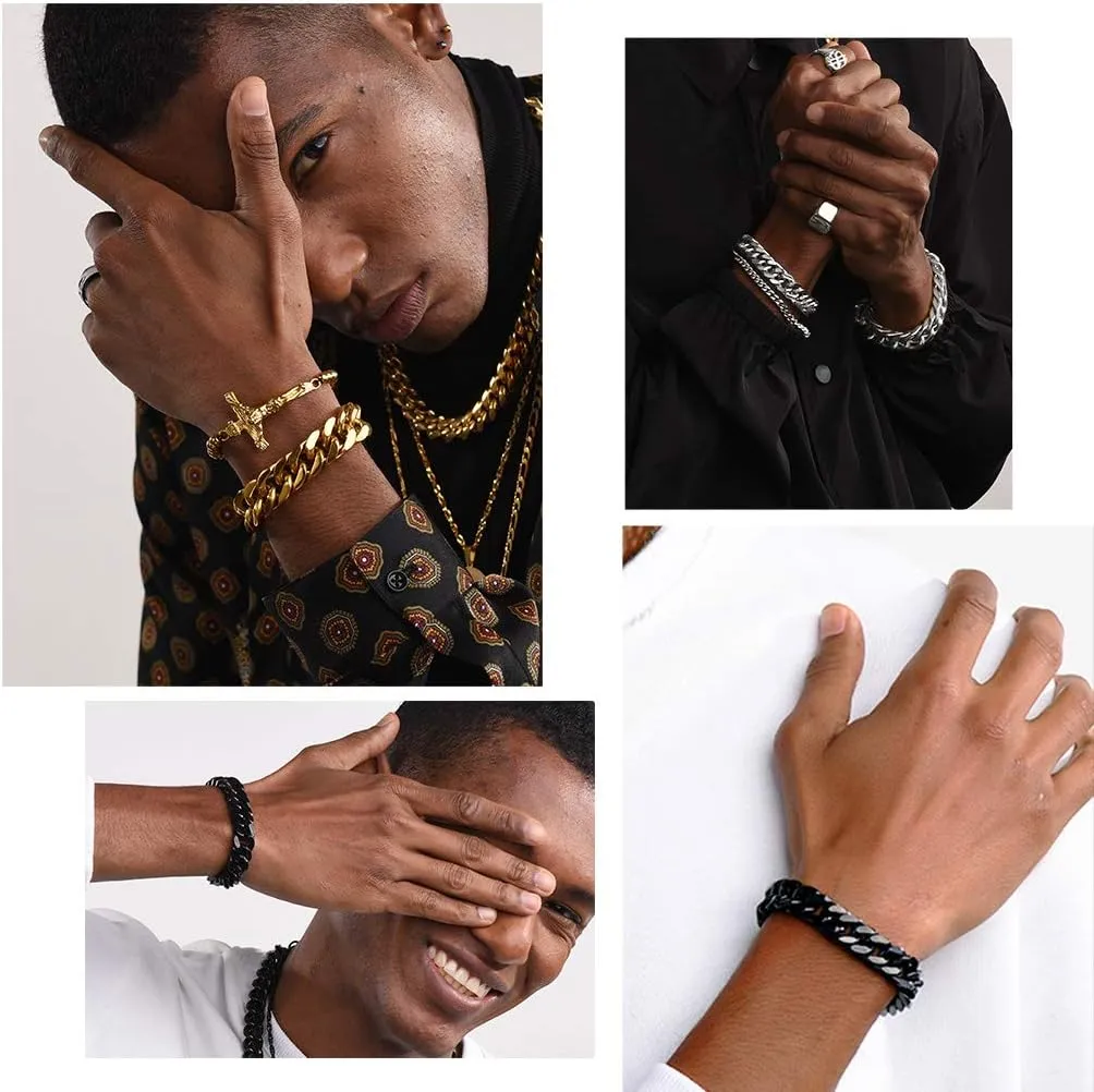 PROSTEEL Stainless Steel Franco Chain Bracelet, Trendy Chunky Bracelets for Men Women, Black/18K Gold Plated, W: 8mm/12mm/17mm, L: 7.5"/8.3"/9", Come Box